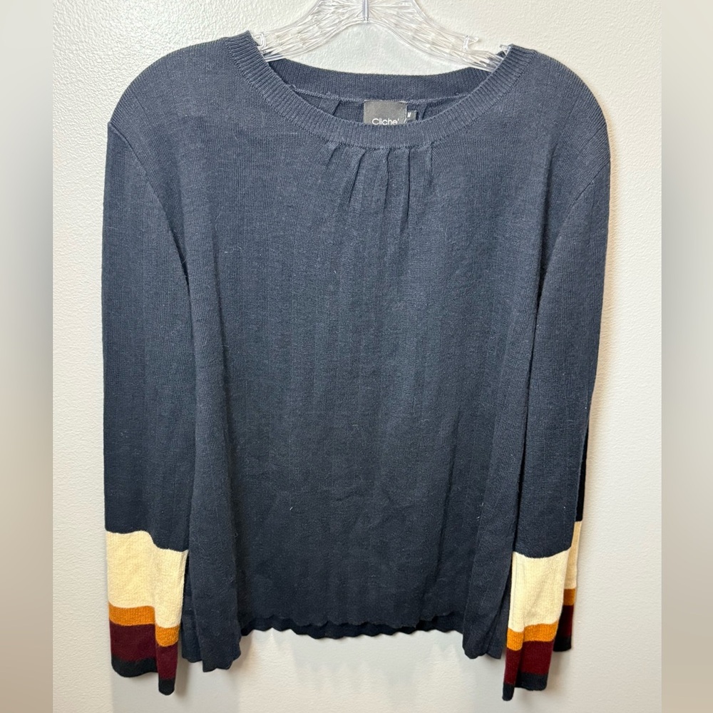 Cliche Navy‎ Blue Striped Colorblock Bell Sleeve Pullover Sweater Size Medium